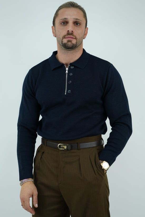Maglia polo con zip blu in lana