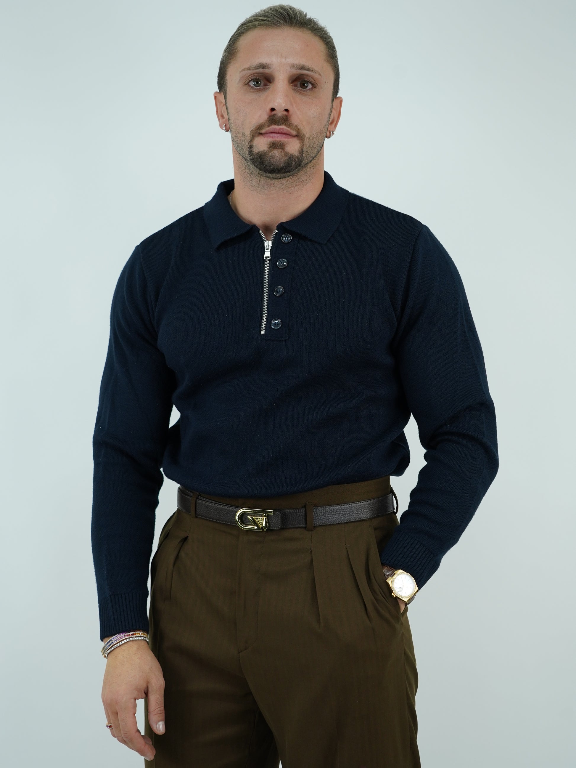 Maglia polo con zip blu in lana