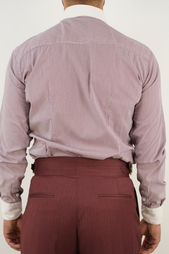 Camicia fantasia mille righe collo a vela con bottoni a scomparsa bordeaux