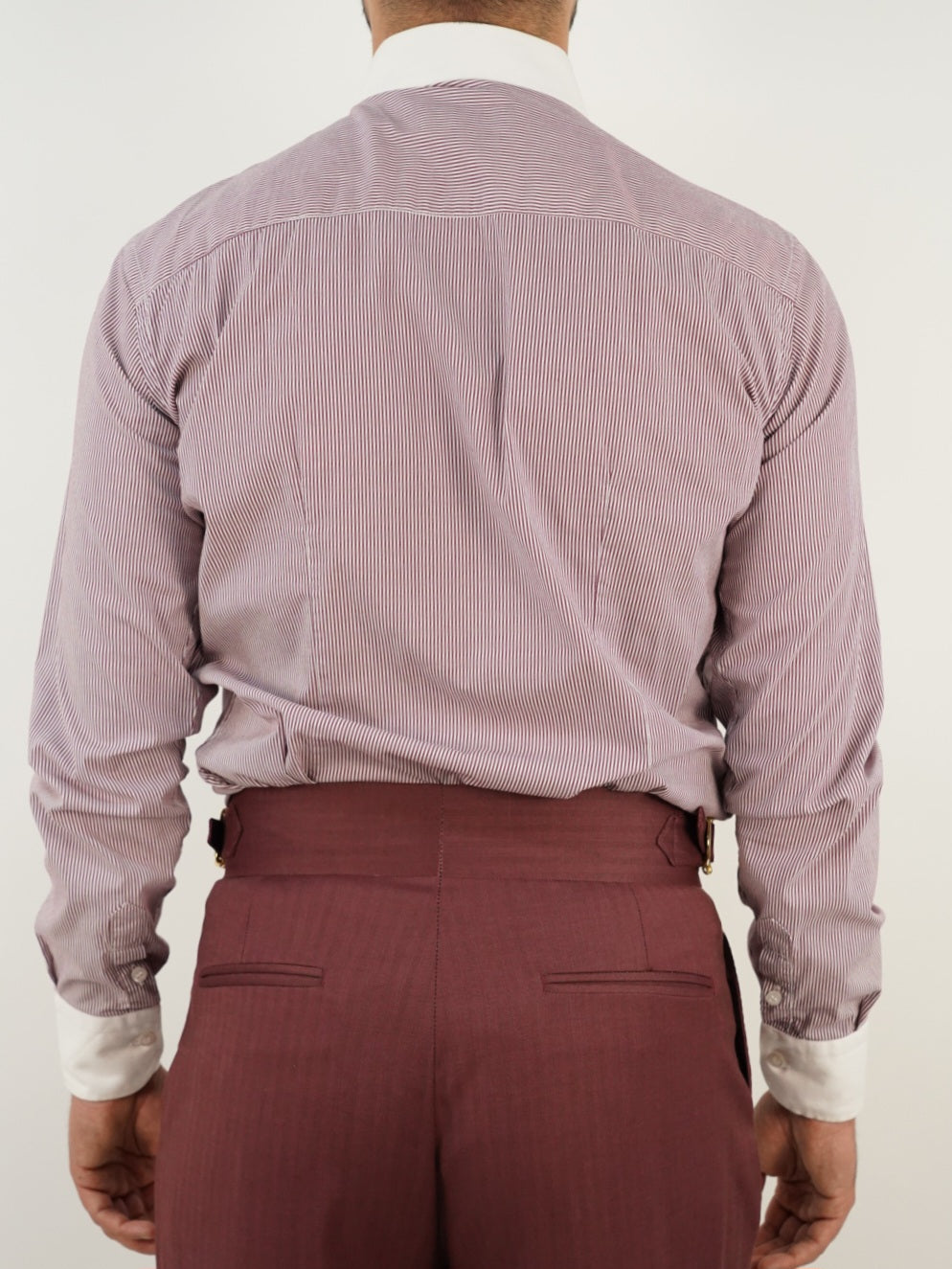 Camicia fantasia mille righe collo a vela con bottoni a scomparsa bordeaux