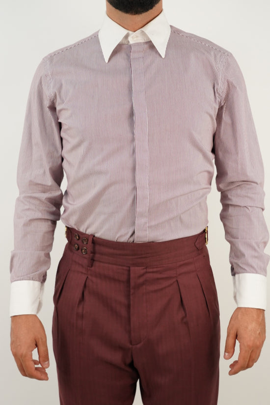 Camicia fantasia mille righe collo a vela con bottoni a scomparsa bordeaux