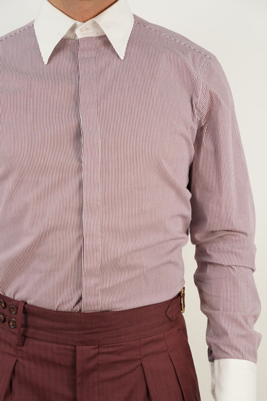 Camicia fantasia mille righe collo a vela con bottoni a scomparsa bordeaux