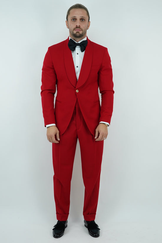 Abito harmonious collo a scialle rosso con bottoni oro