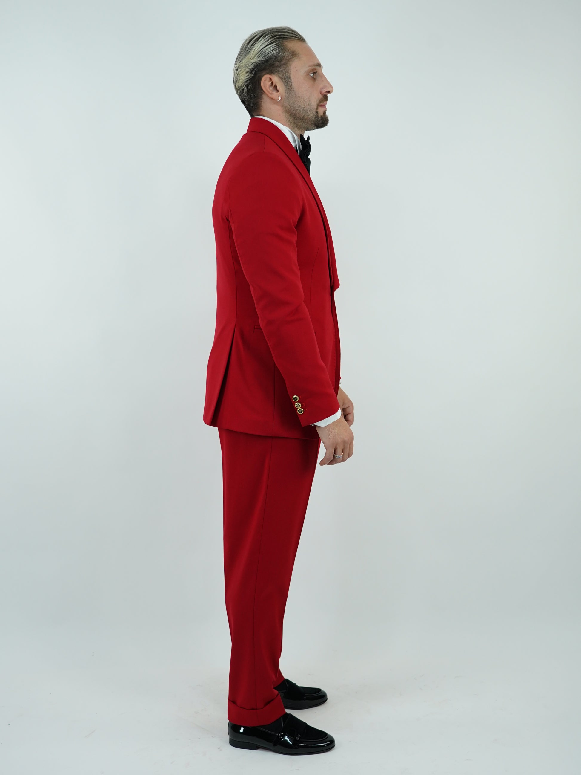 Abito harmonious collo a scialle rosso con bottoni oro