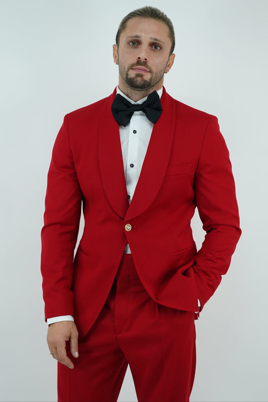 Abito harmonious collo a scialle rosso con bottoni oro