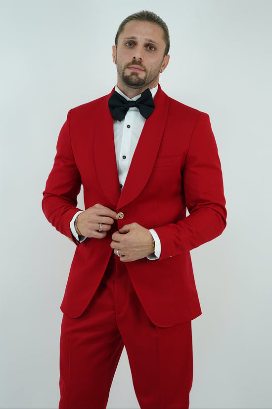 Abito harmonious collo a scialle rosso con bottoni oro