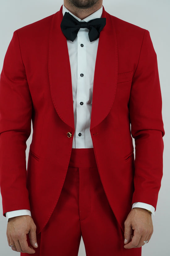 Abito harmonious collo a scialle rosso con bottoni oro