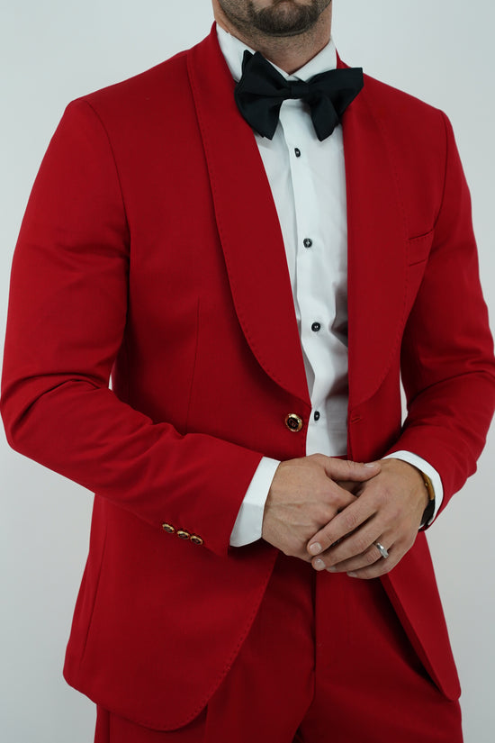 Abito harmonious collo a scialle rosso con bottoni oro