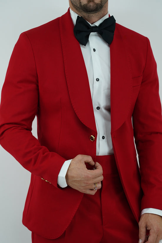 Abito harmonious collo a scialle rosso con bottoni oro