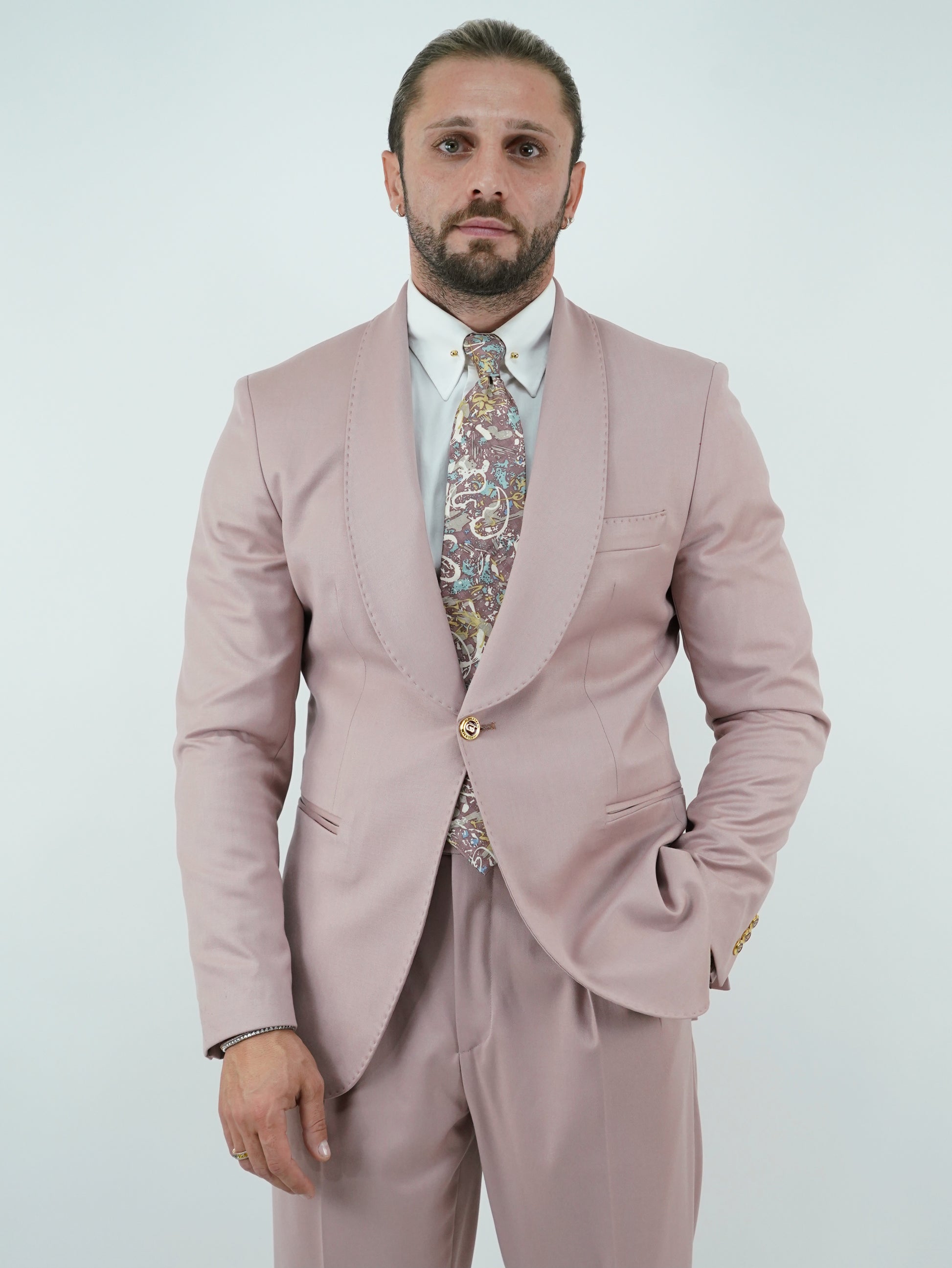 Abito harmonious collo a scialle rosa antico con bottoni oro