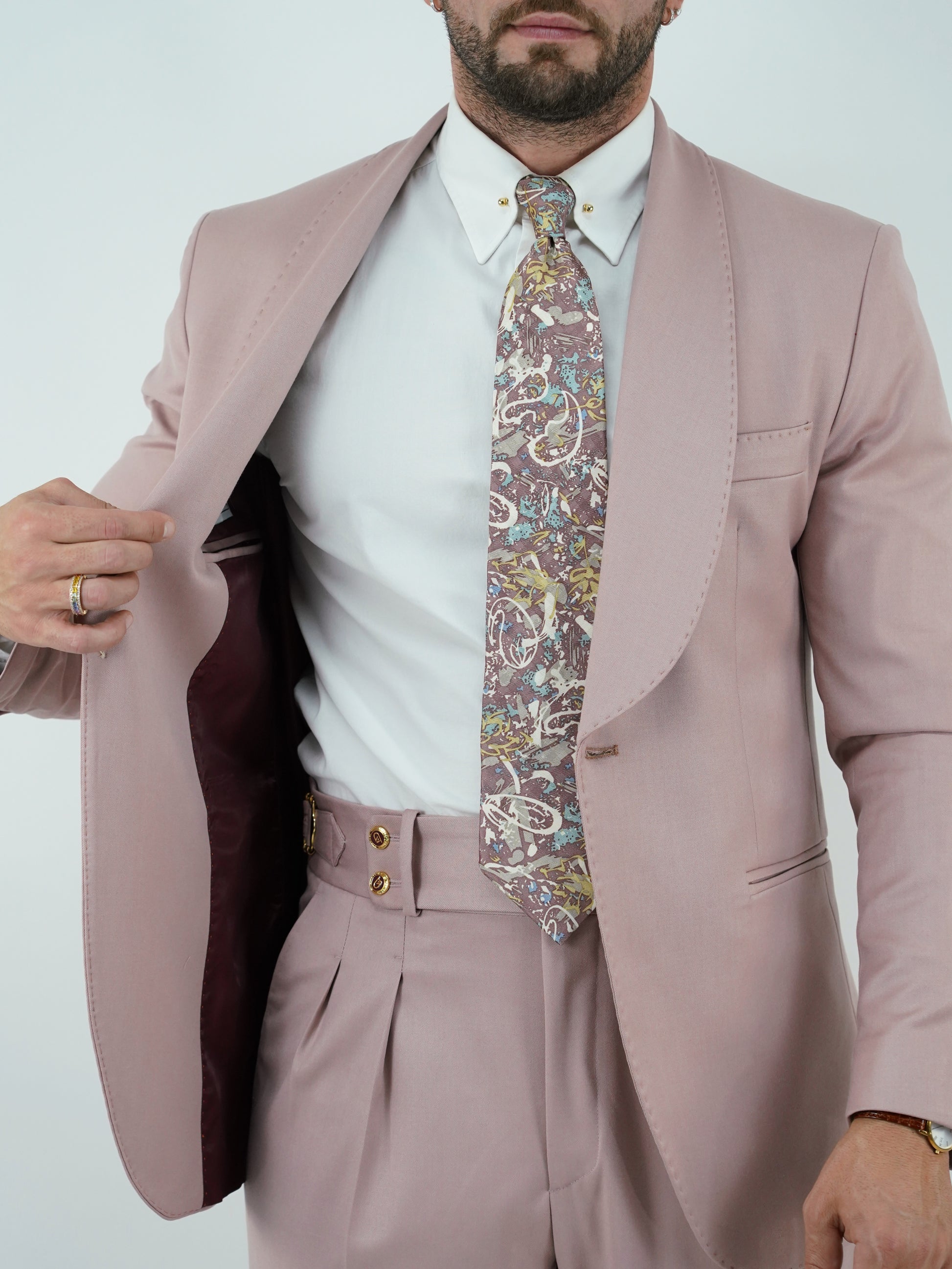 Abito harmonious collo a scialle rosa antico con bottoni oro