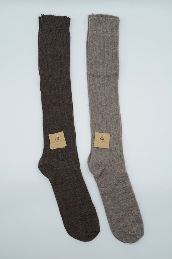 Calze lunghe a costa in misto cashmere tabacco/beige