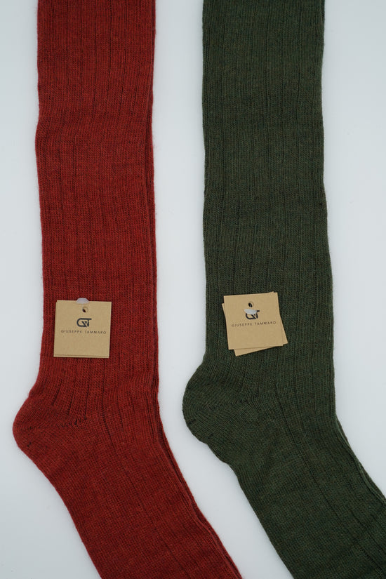 Calze lunghe a costa in misto cashmere bordeaux/verde