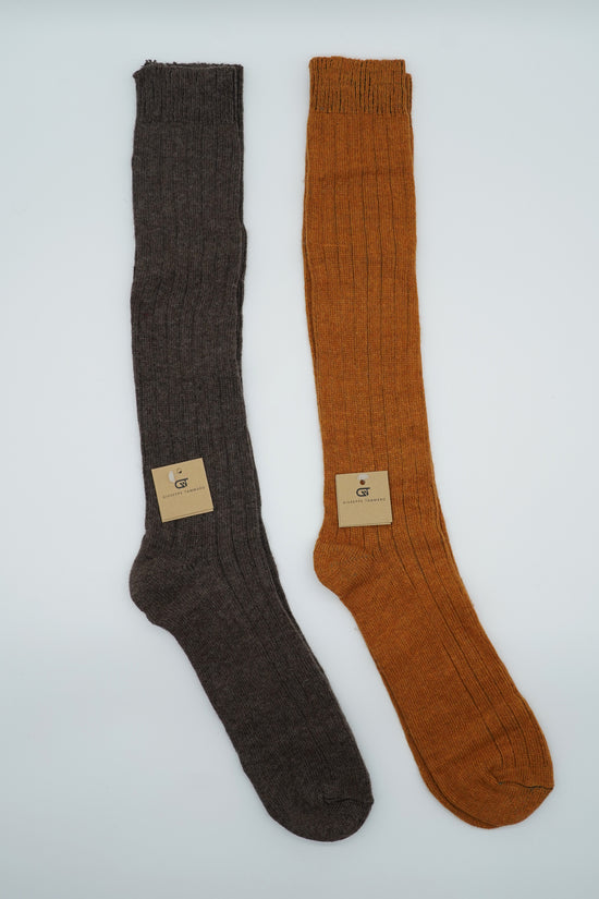 Calze lunghe a costa in misto cashmere tabacco/ocra