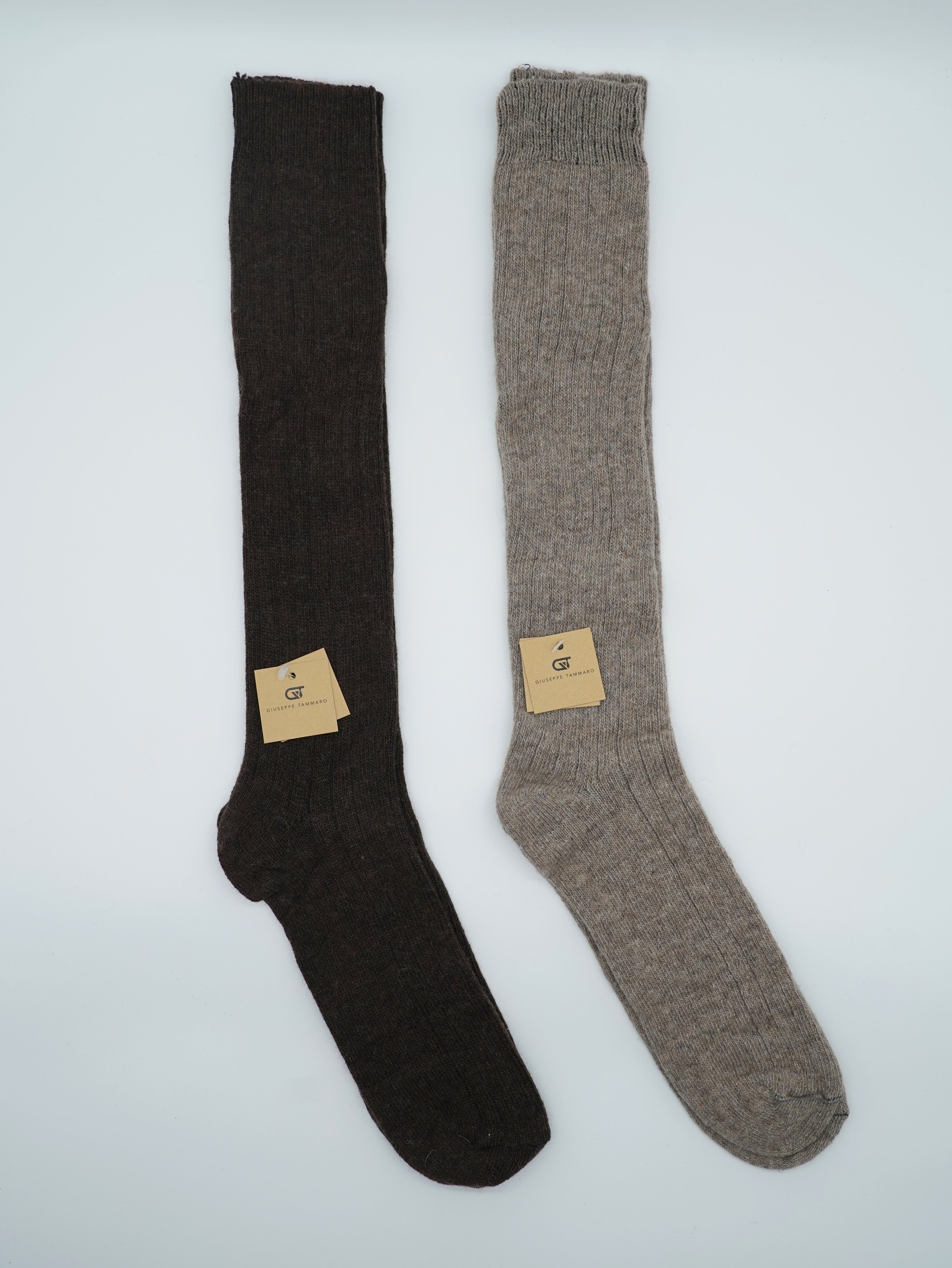 Calze lunghe a costa in misto cashmere testa di moro/beige