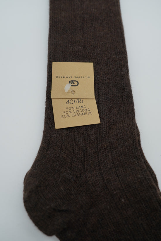 Calze lunghe a costa in misto cashmere testa di moro/beige