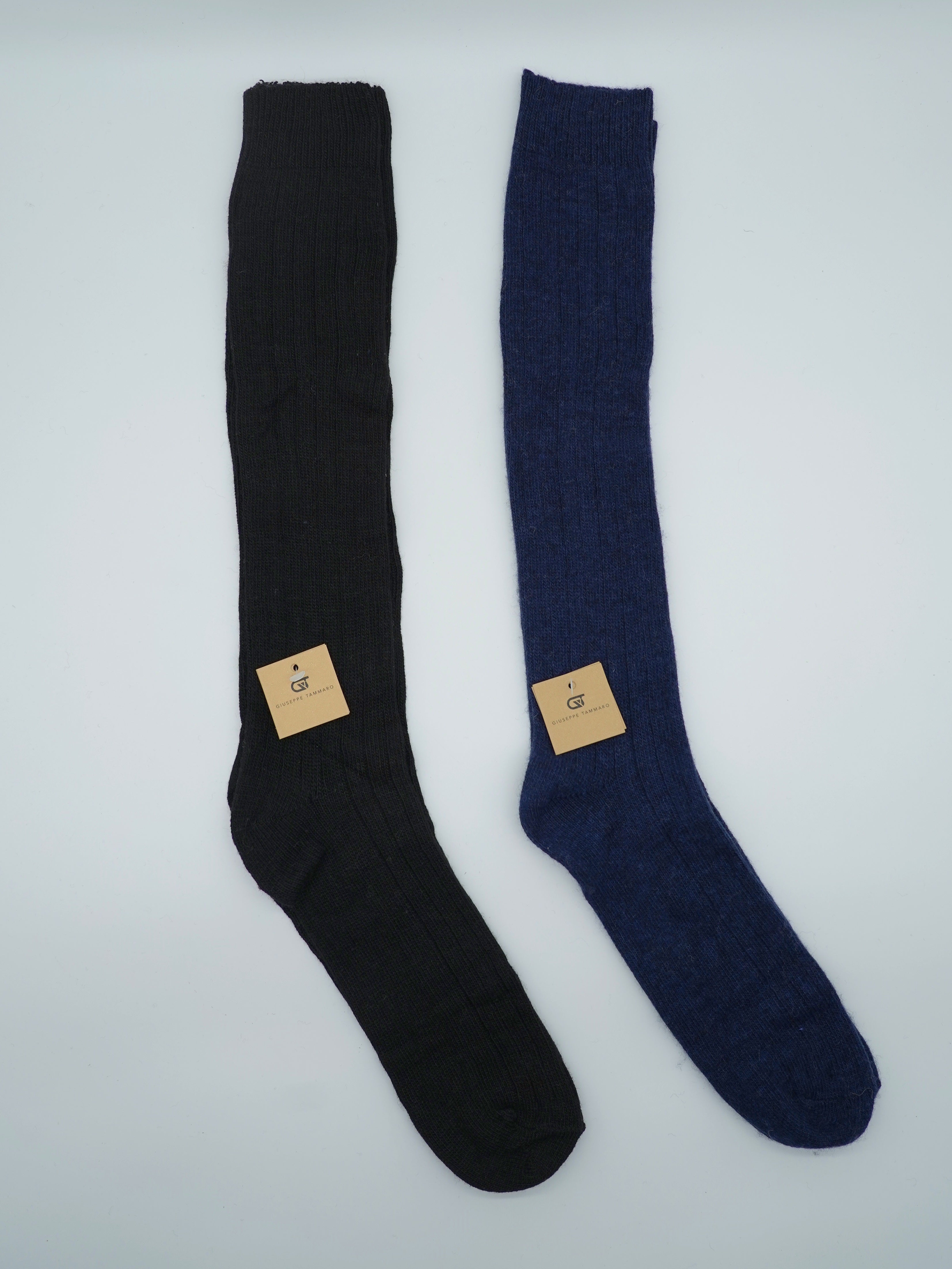 Calze lunghe a costa in misto cashmere nero/blu