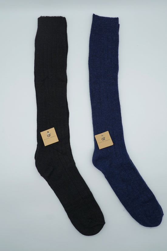 Calze lunghe a costa in misto cashmere nero/blu