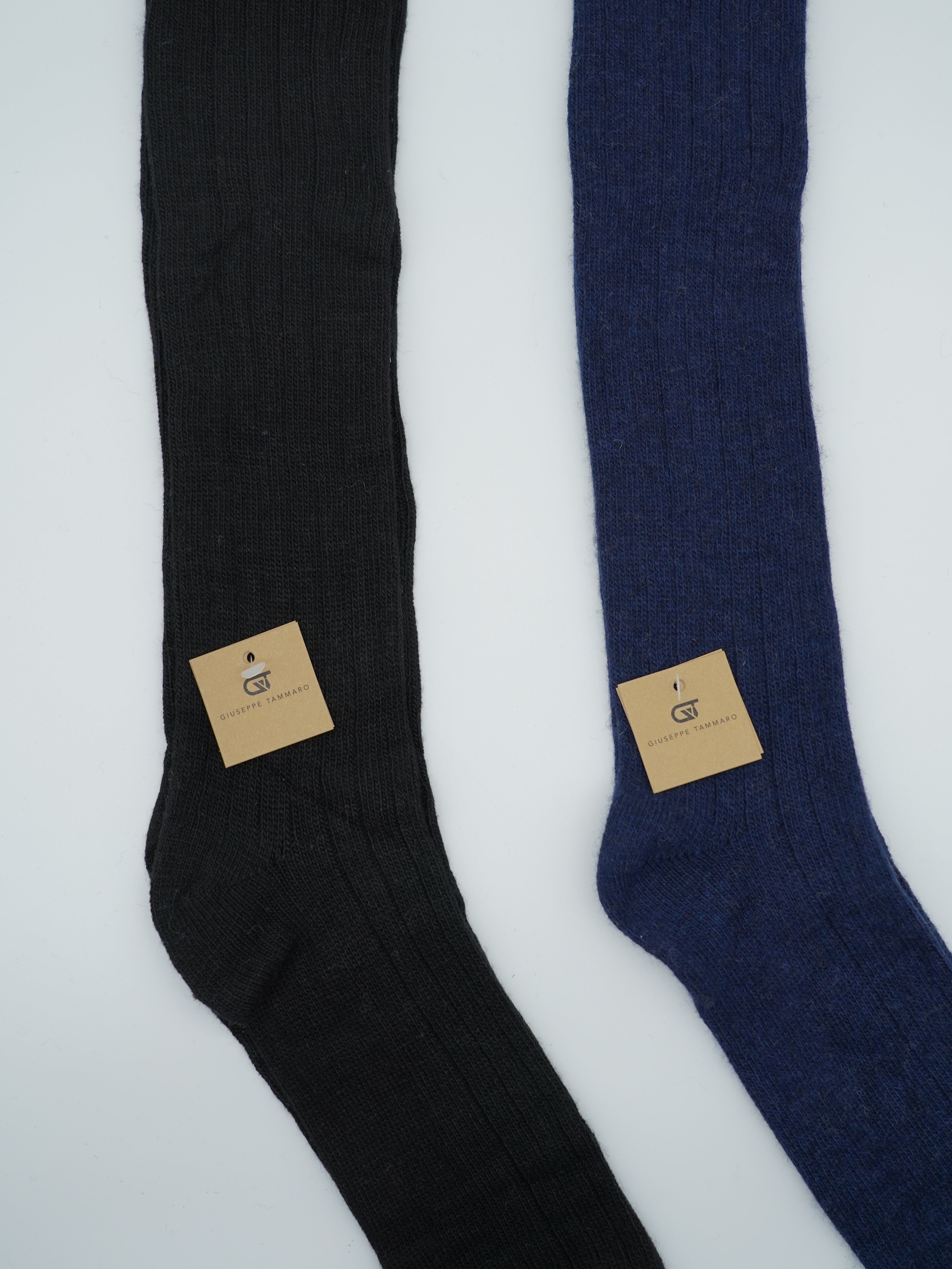 Calze lunghe a costa in misto cashmere nero/blu