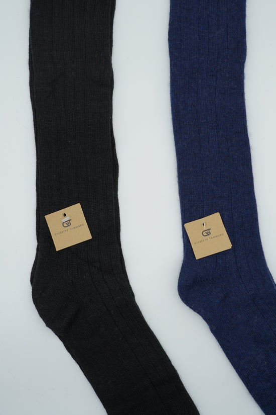 Calze lunghe a costa in misto cashmere nero/blu