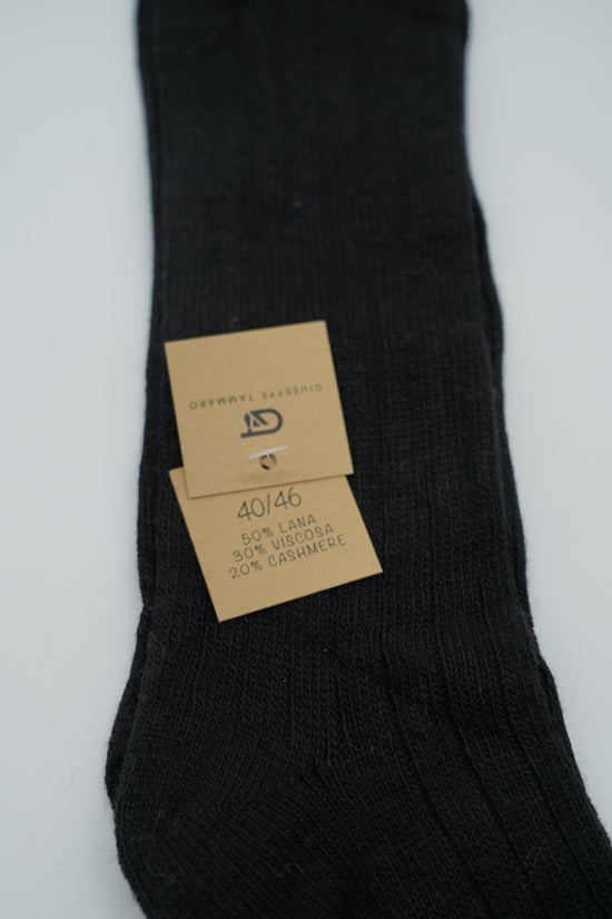 Calze lunghe a costa in misto cashmere nero/blu