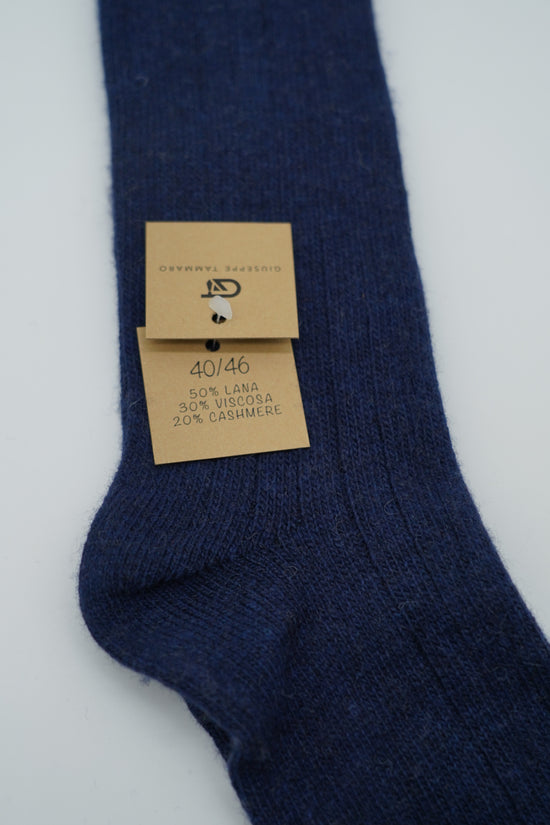 Calze lunghe a costa in misto cashmere nero/blu