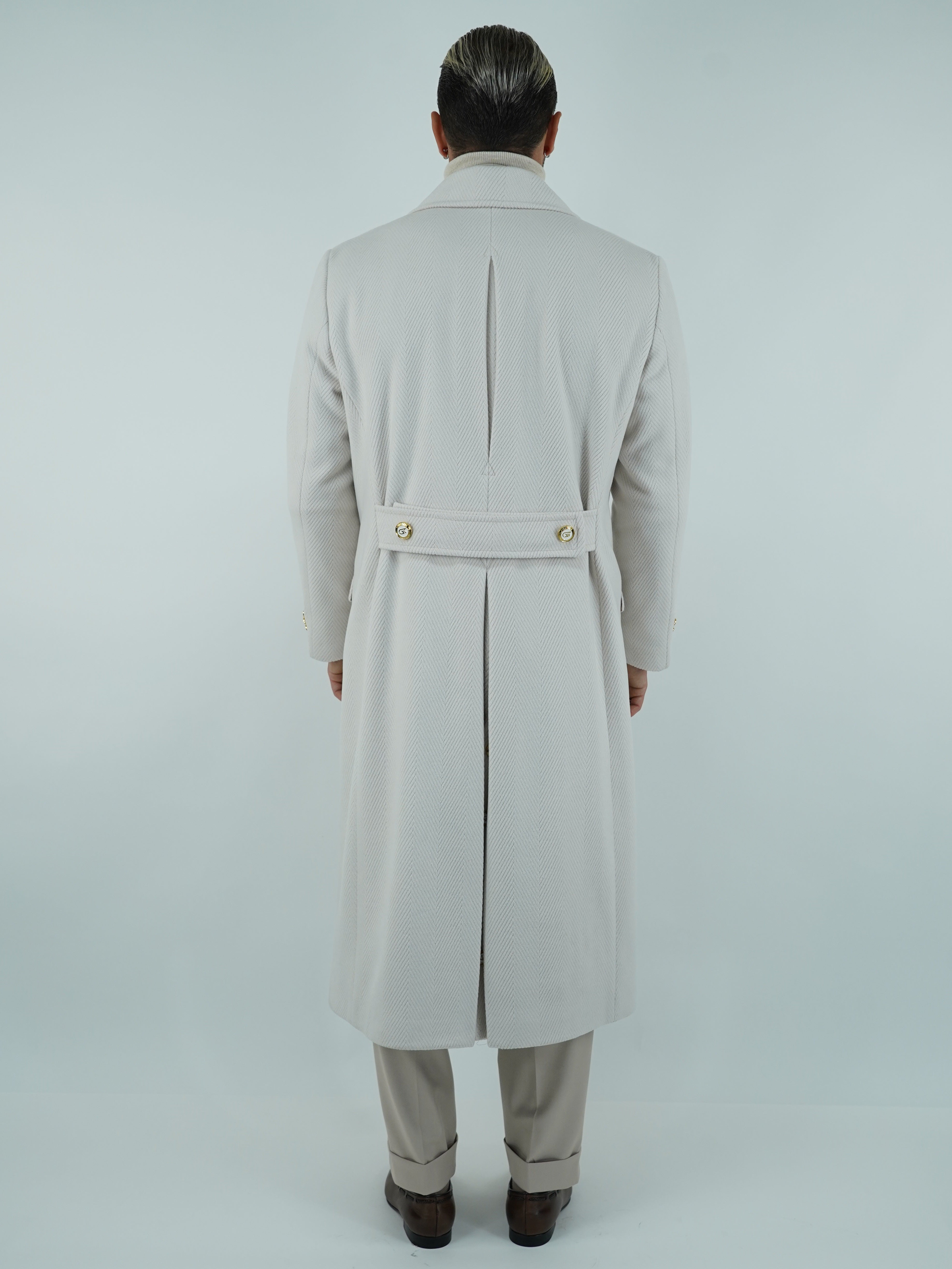 Cappotto Raglan Spigato Panna con bottoni oro