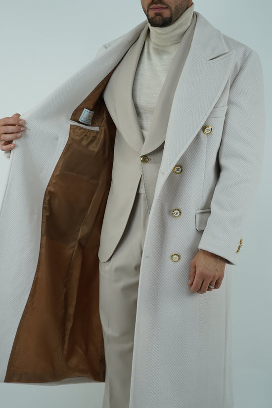 Cappotto Raglan Spigato Panna con bottoni oro