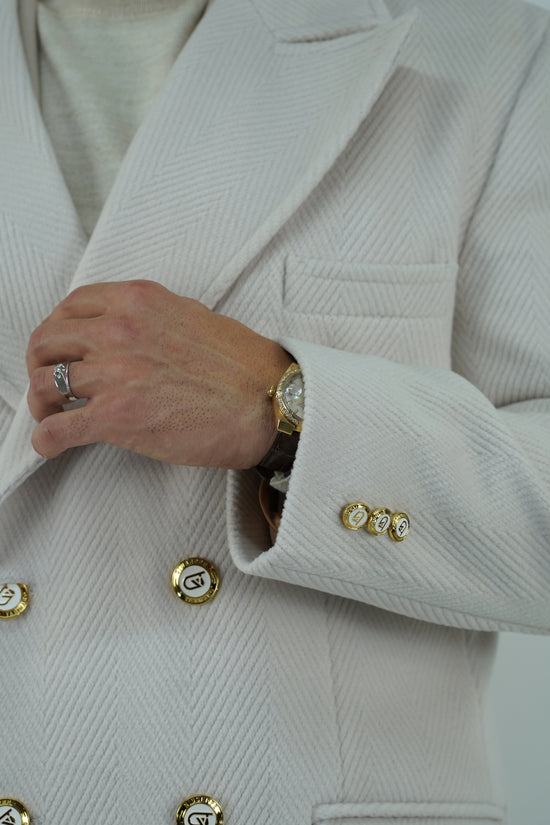 Cappotto Raglan Spigato Panna con bottoni oro