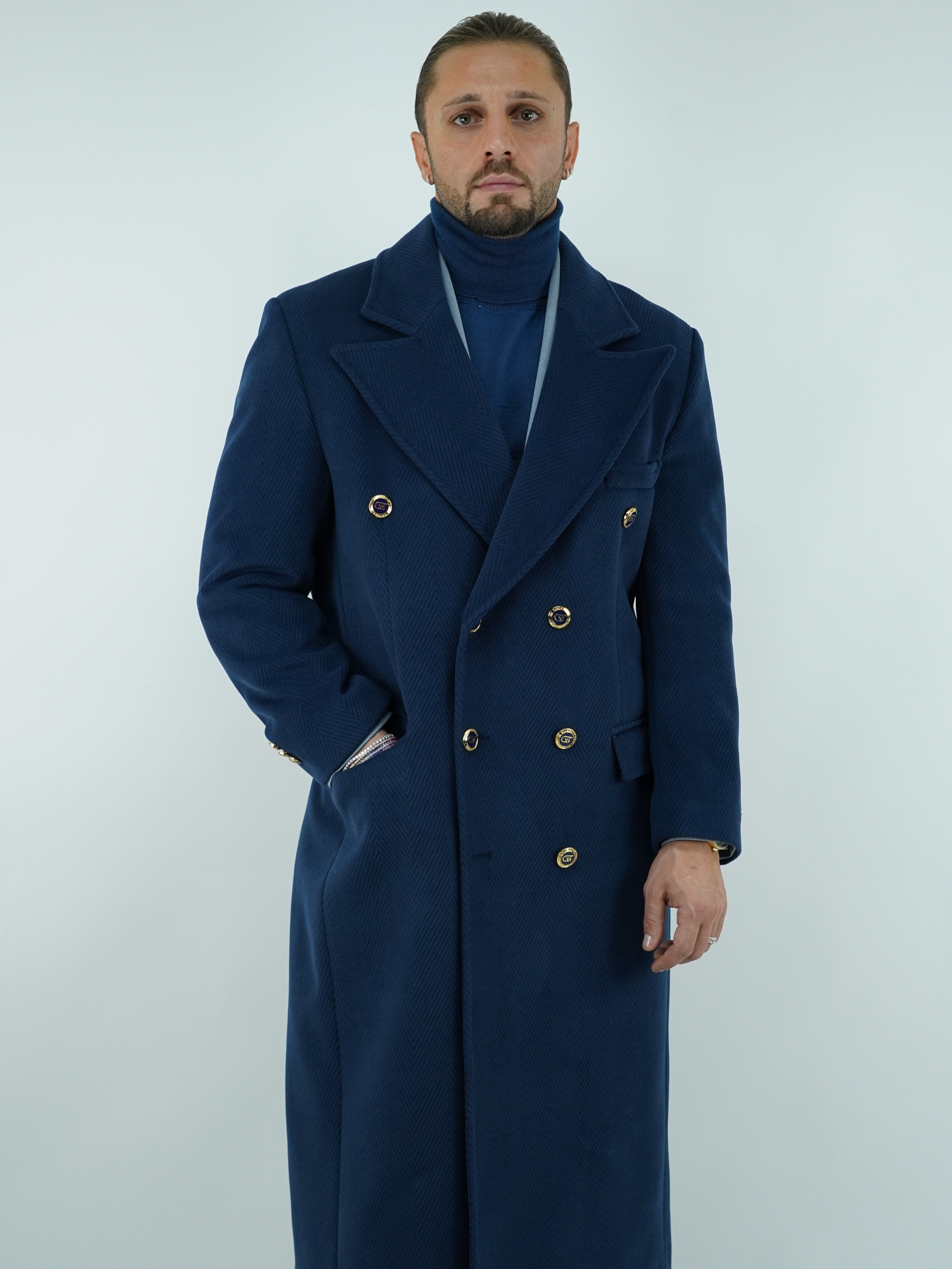 Cappotto Raglan Spigato Zaffiro con bottoni oro