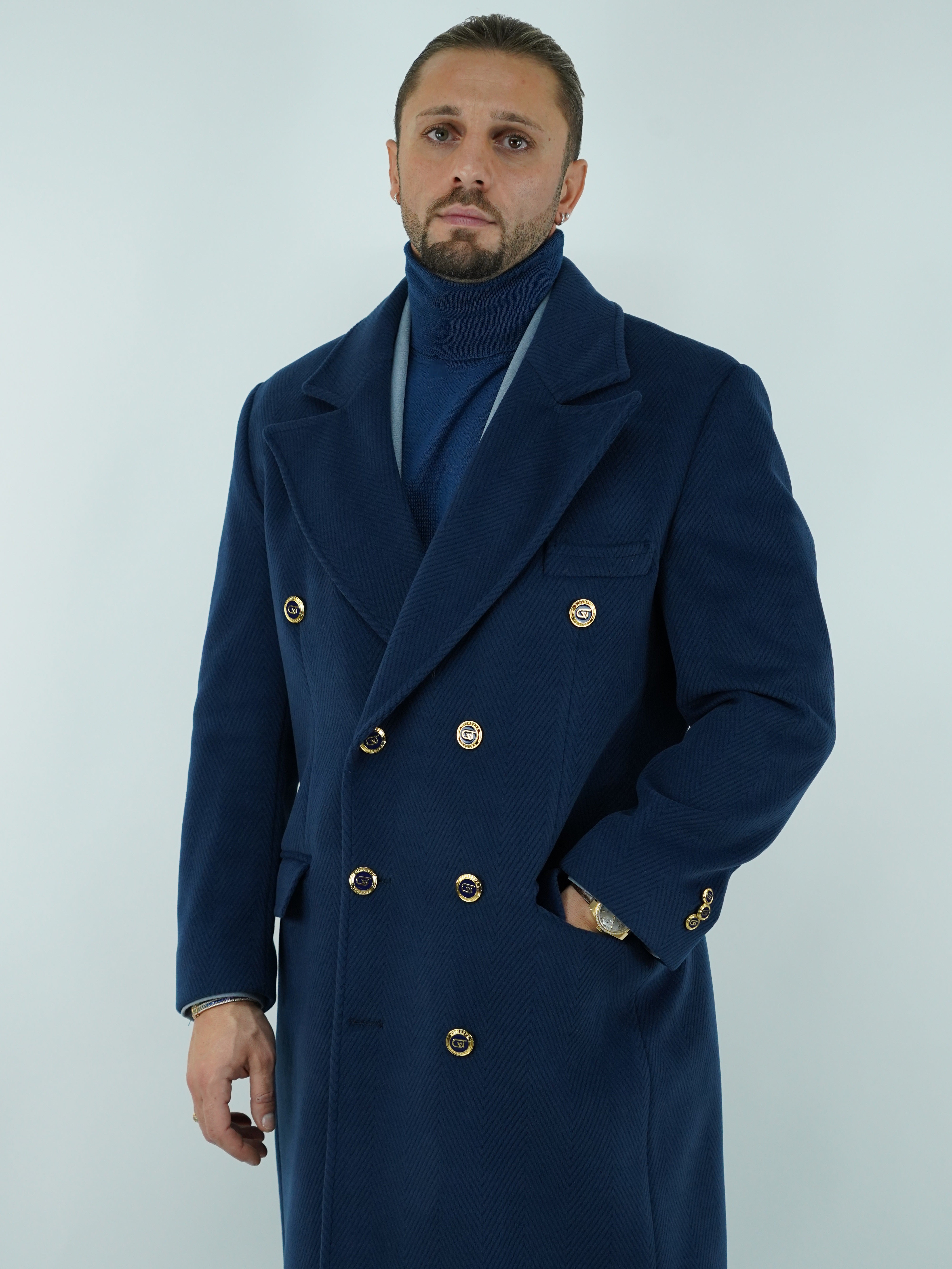 Cappotto Raglan Spigato Zaffiro con bottoni oro