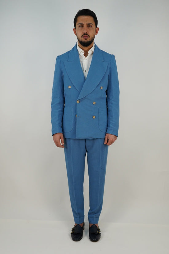 Giacca extensive doppiopetto in lino azzurro