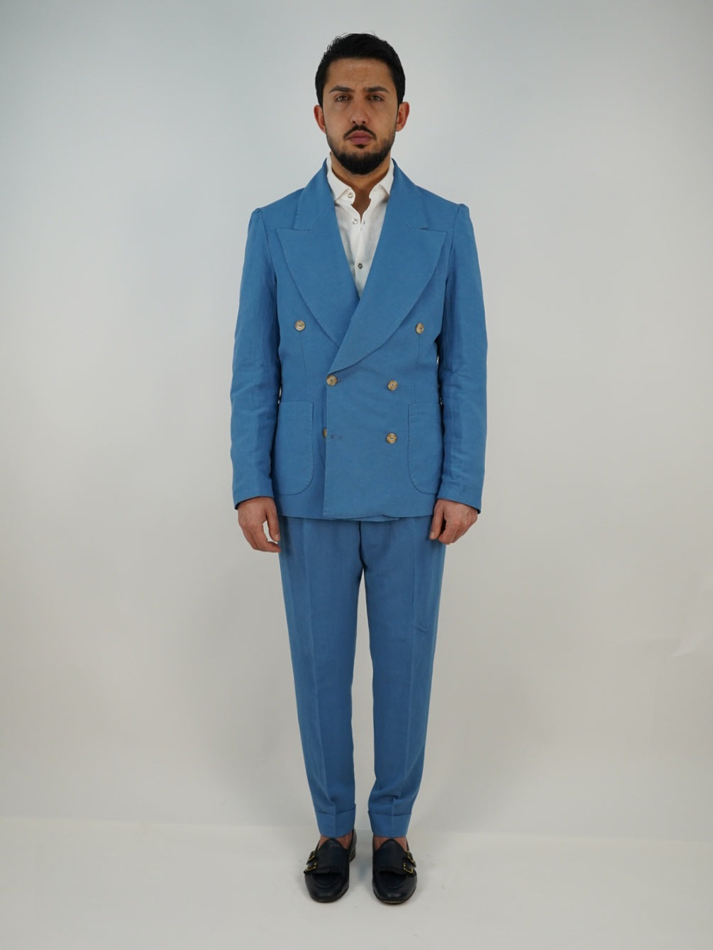 Giacca extensive doppiopetto in lino azzurro