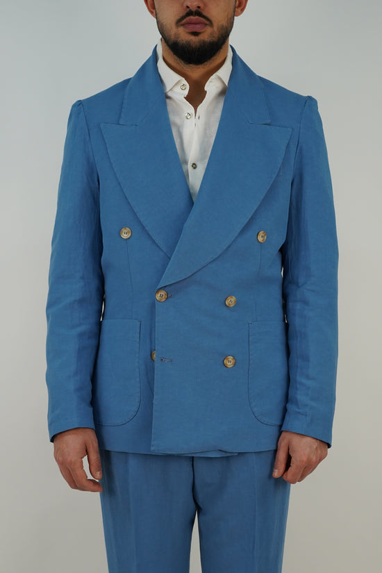 Giacca extensive doppiopetto in lino azzurro