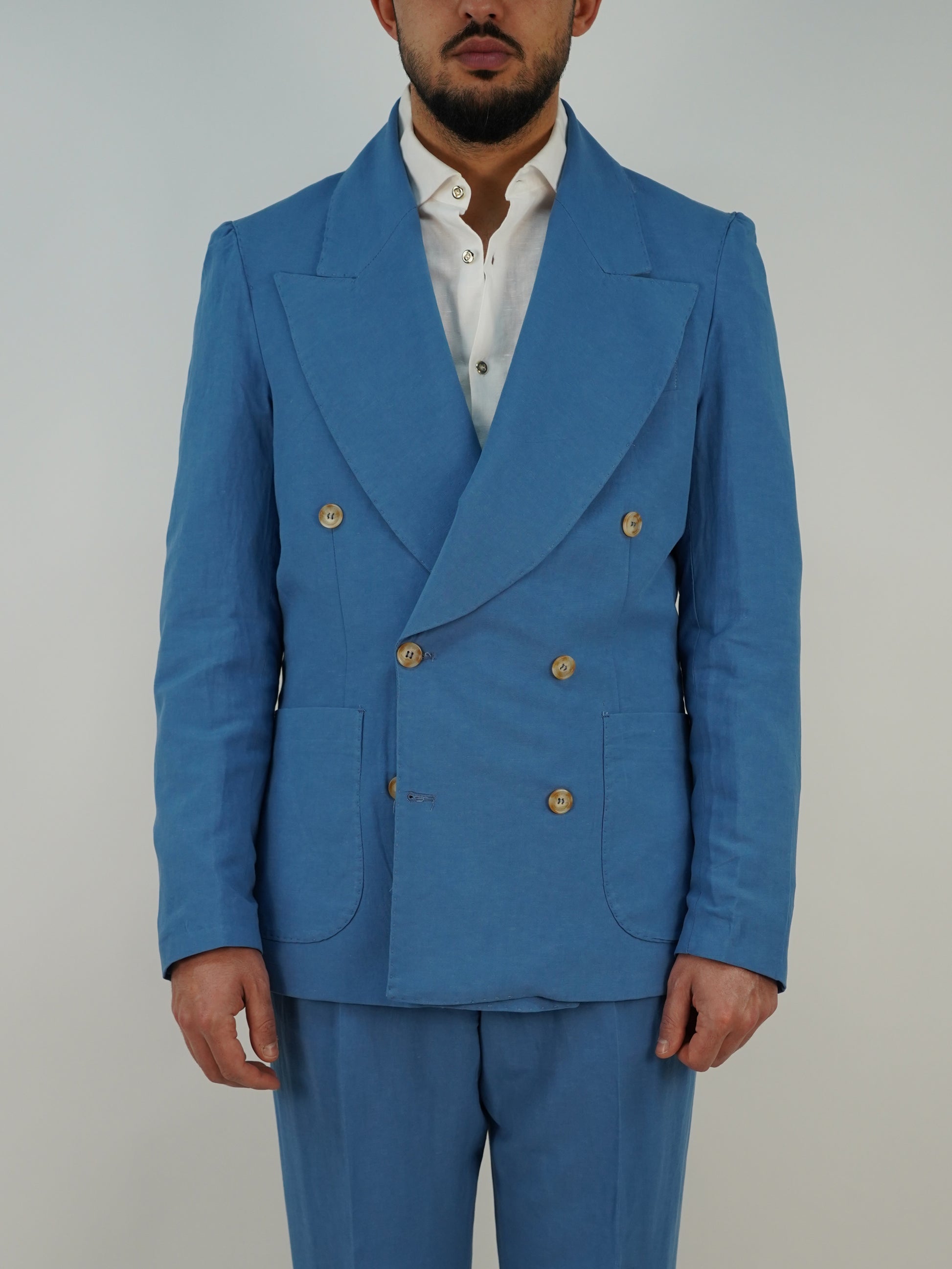 Giacca extensive doppiopetto in lino azzurro