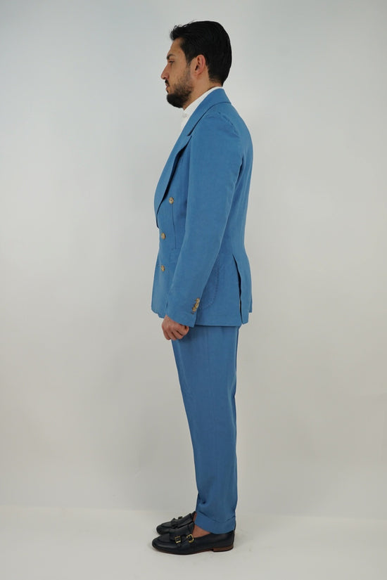 Giacca extensive doppiopetto in lino azzurro