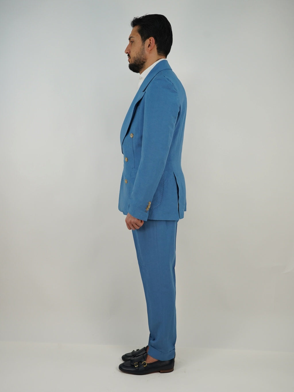 Giacca extensive doppiopetto in lino azzurro