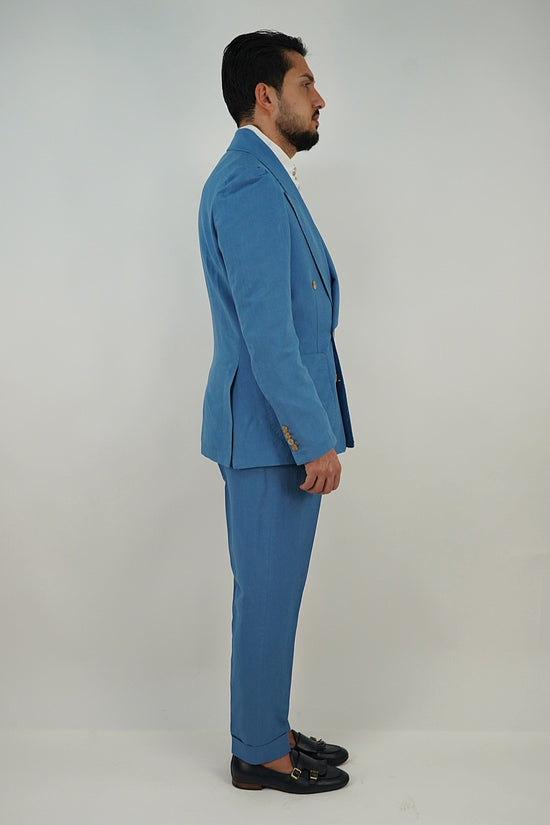 Giacca extensive doppiopetto in lino azzurro