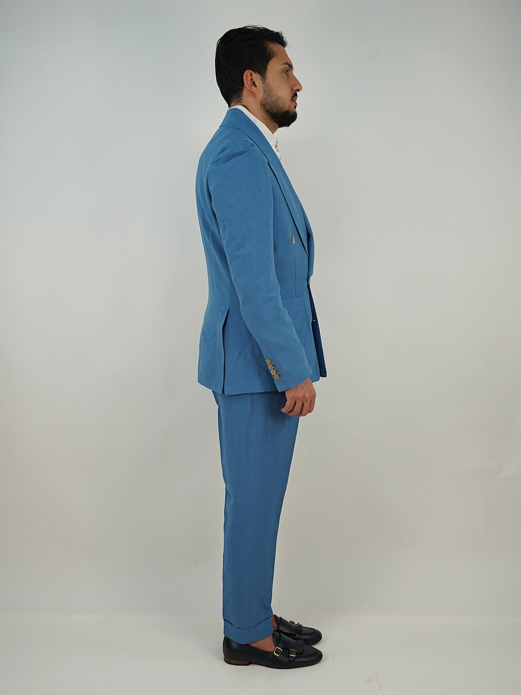 Giacca extensive doppiopetto in lino azzurro