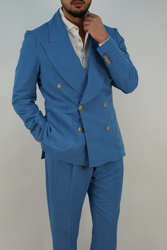 Giacca extensive doppiopetto in lino azzurro