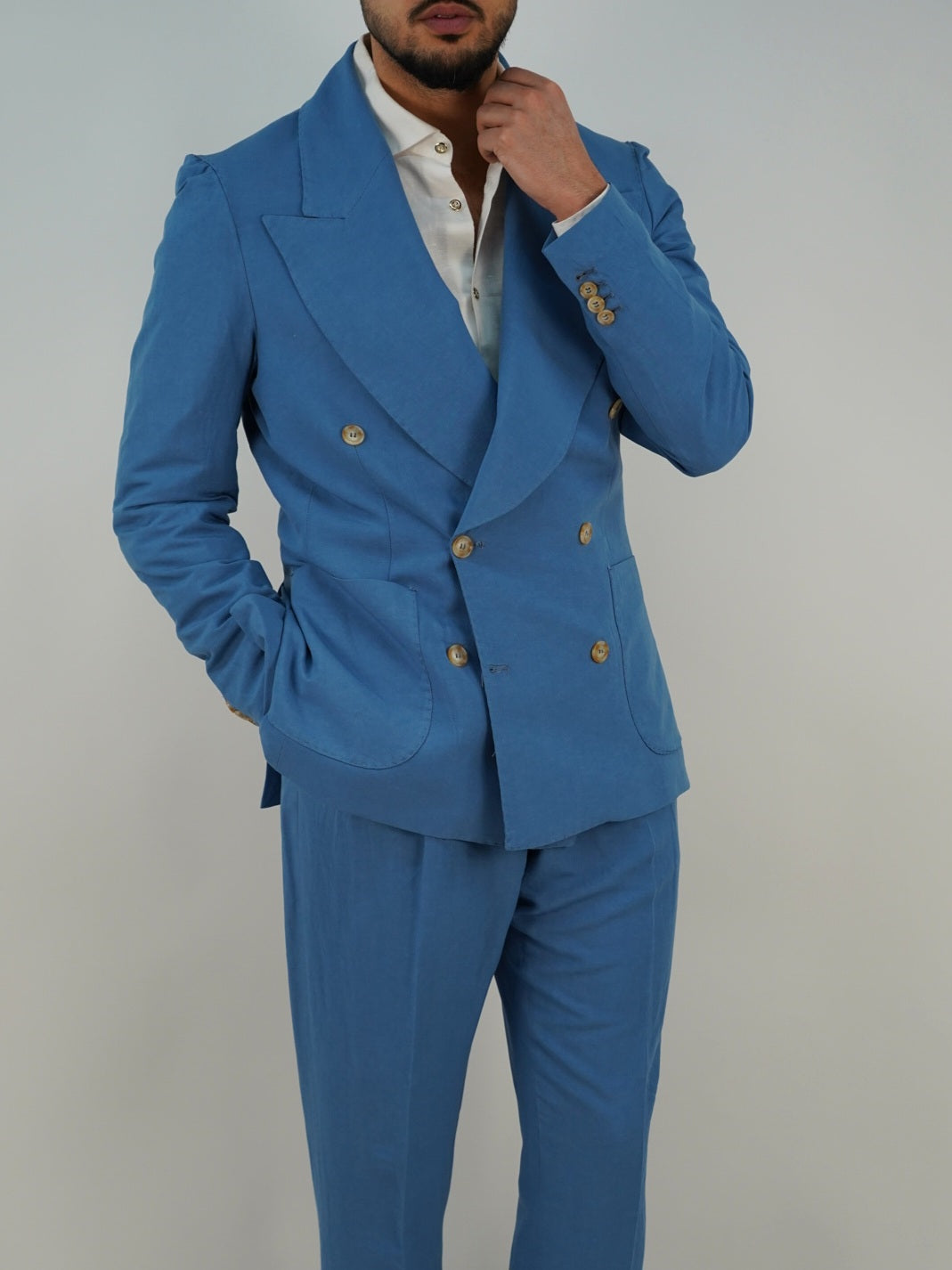 Giacca extensive doppiopetto in lino azzurro