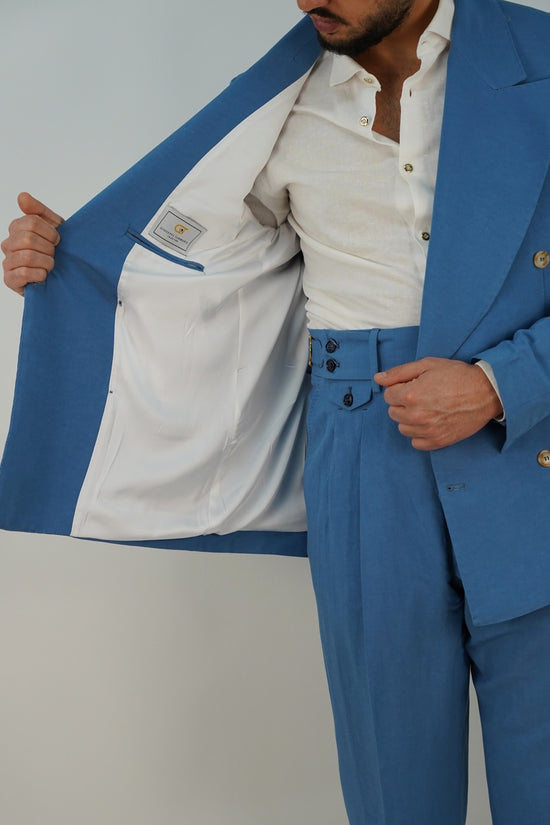 Giacca extensive doppiopetto in lino azzurro