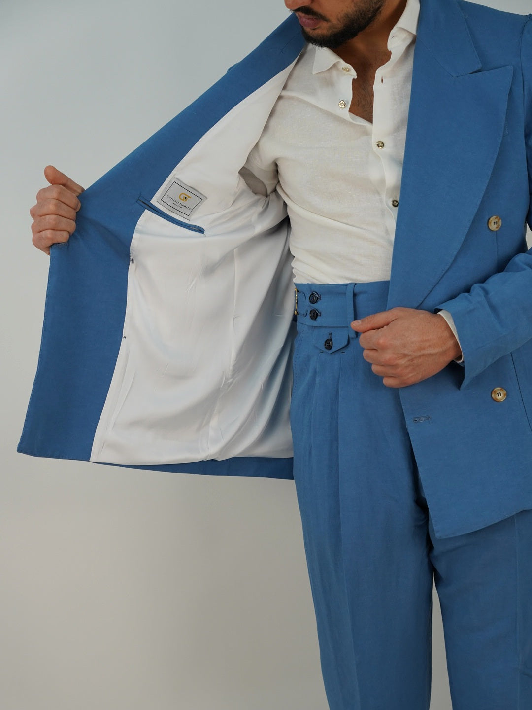 Giacca extensive doppiopetto in lino azzurro