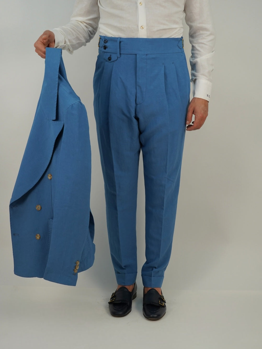 Giacca extensive doppiopetto in lino azzurro