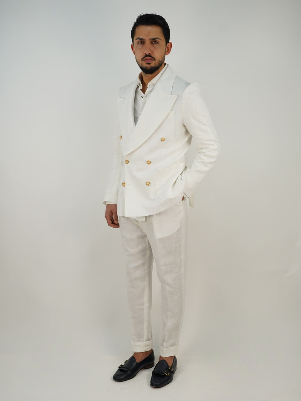 Giacca extensive doppiopetto in lino bianco