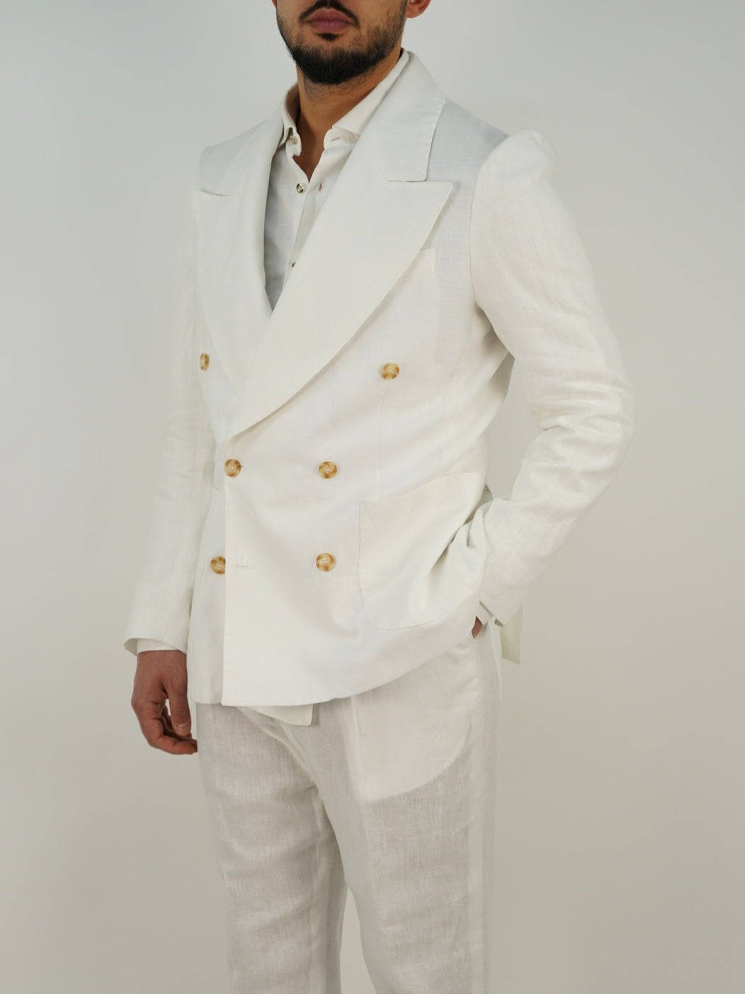 Giacca extensive doppiopetto in lino bianco