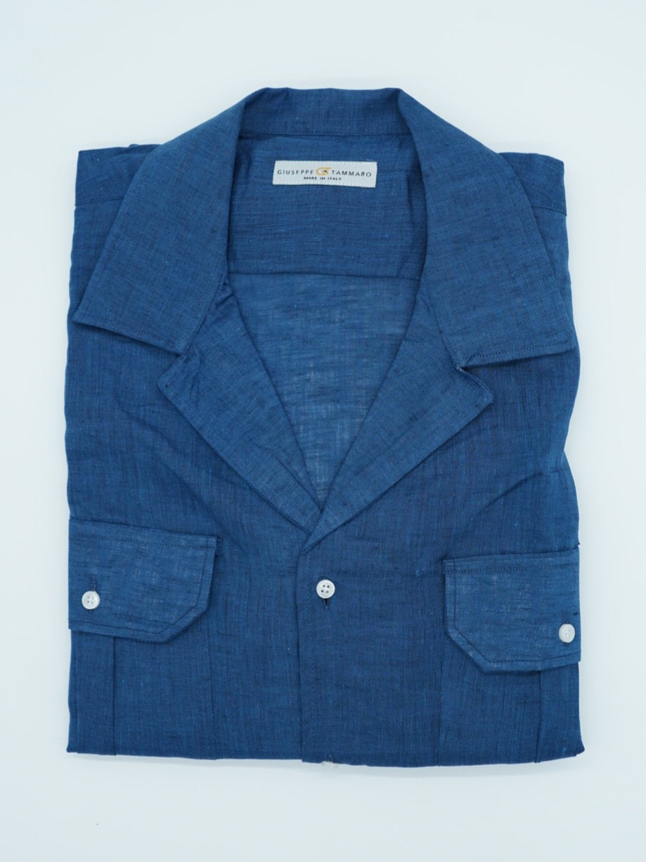 Camicia collo cubano lino blu con tasche