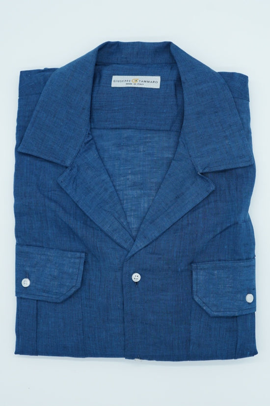 Camicia collo cubano lino blu con tasche