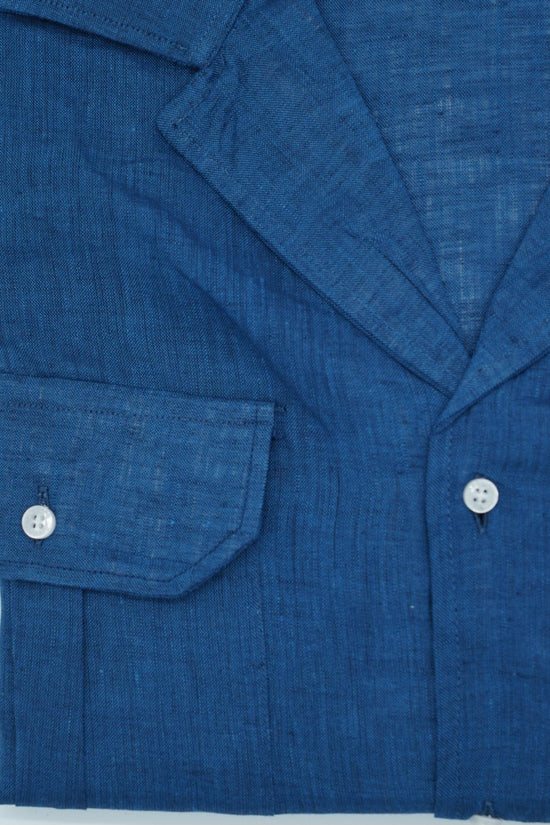Camicia collo cubano lino blu con tasche