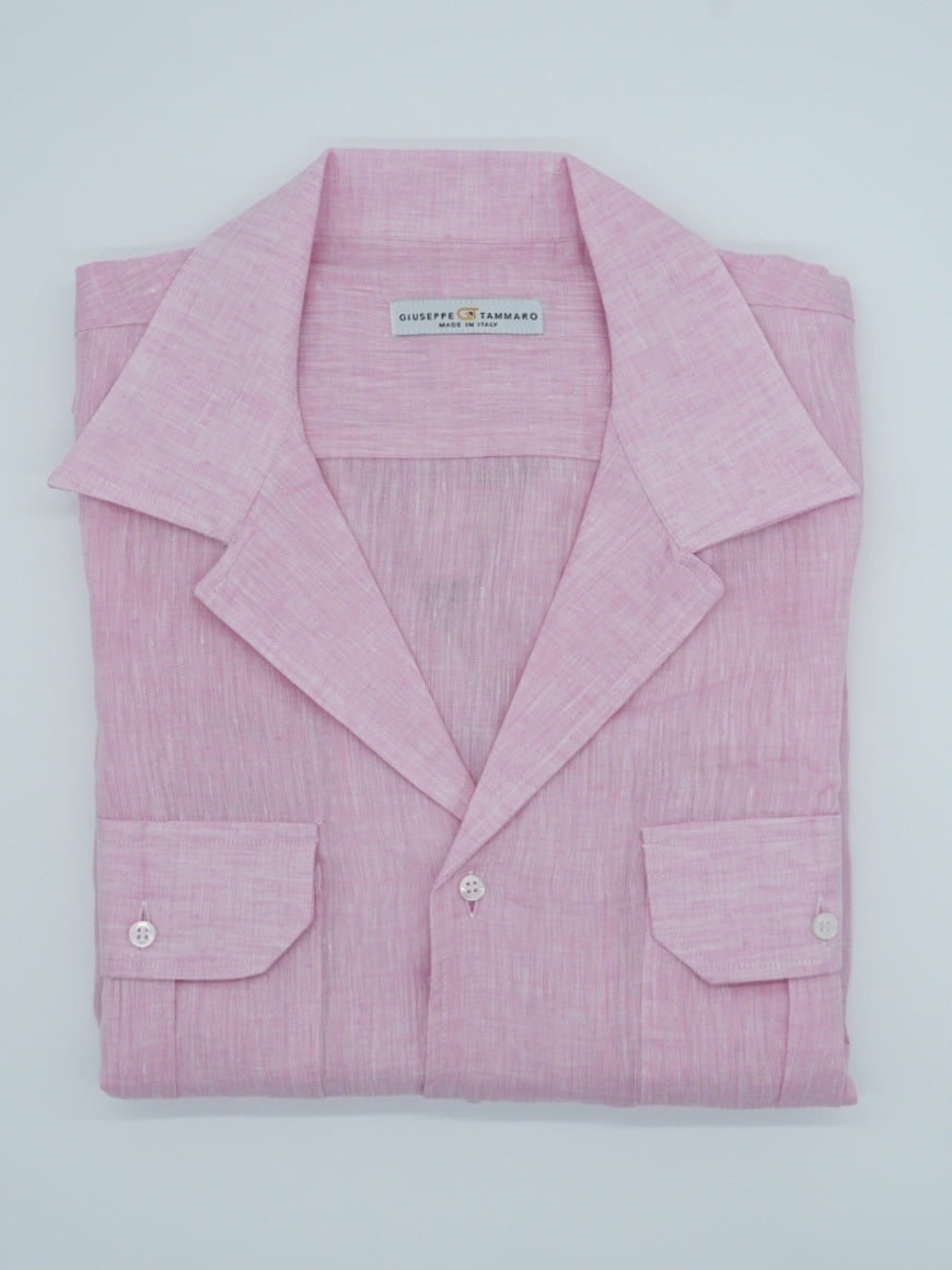 Camicia collo cubano lino rosa con tasche